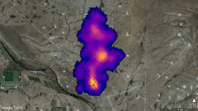 <p>A methane plume 2 miles long that Nasa detected southeast of Carlsbad, New Mexico. Methane is a potent greenhouse gas, trapping way more heat in the atmosphere than carbon dioxide</p>
