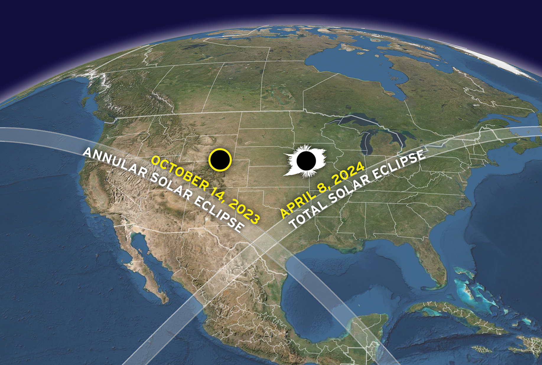 A map of the paths of the 2023 and 2024 solar eclipses over North America
