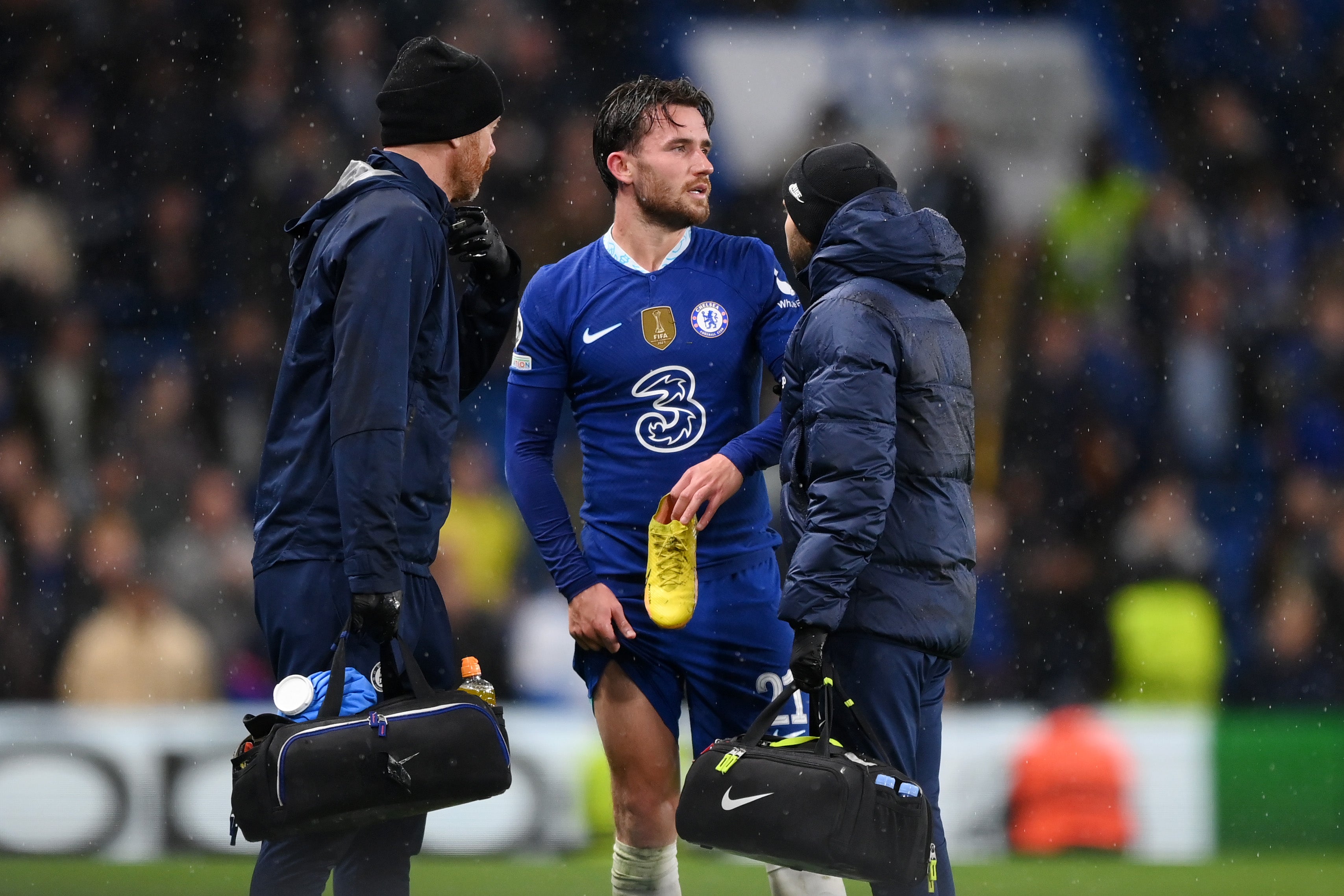 Ben Chilwell in discussion with medics at Stamford Bridge
