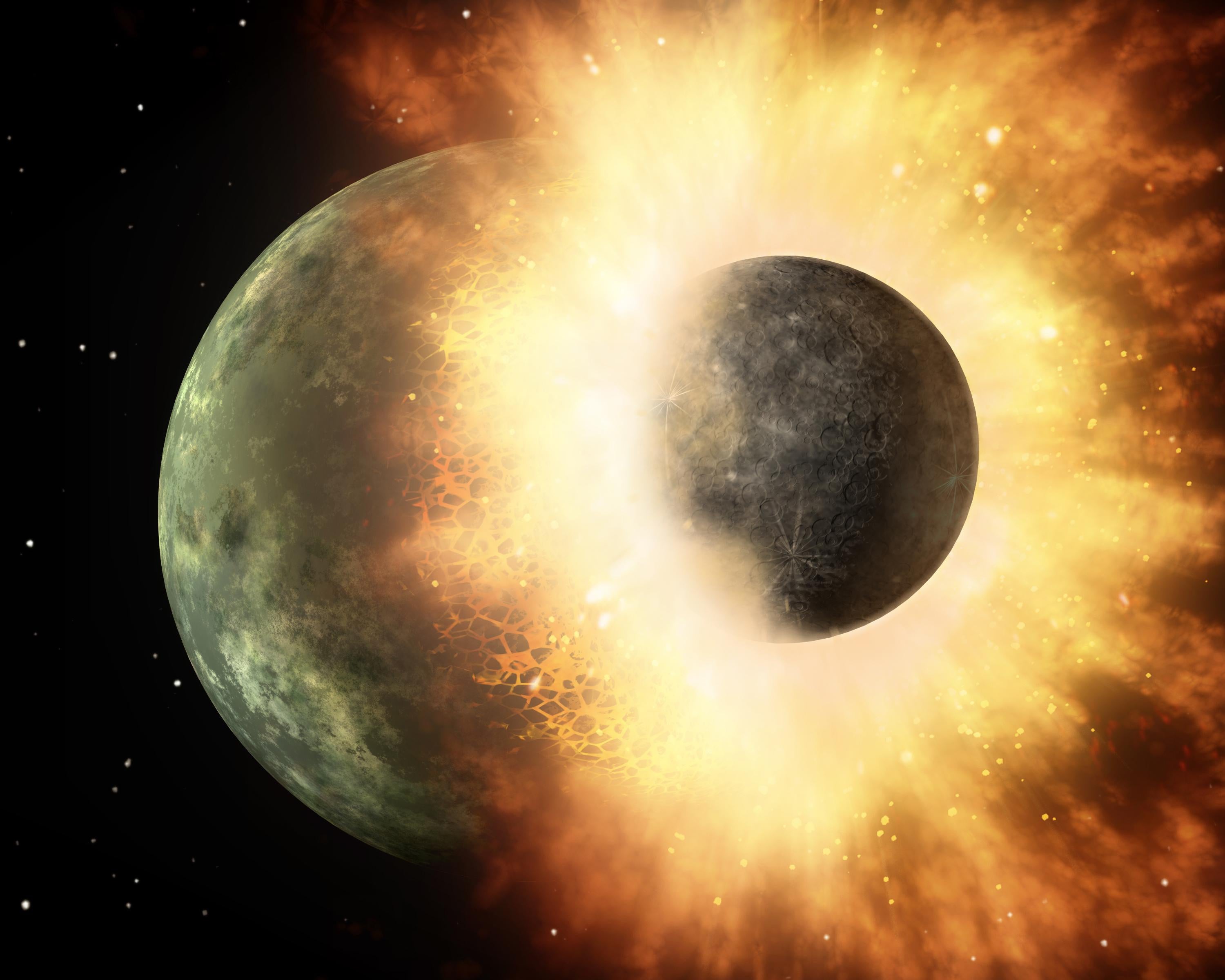 An artist’s conception of the massive impact with the primordial Earth that may have created the Moon