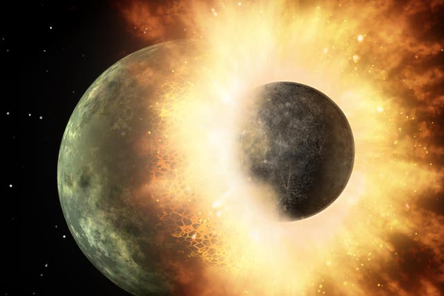 <p>An artist’s conception of the massive impact with the primordial Earth that may have created the Moon</p>