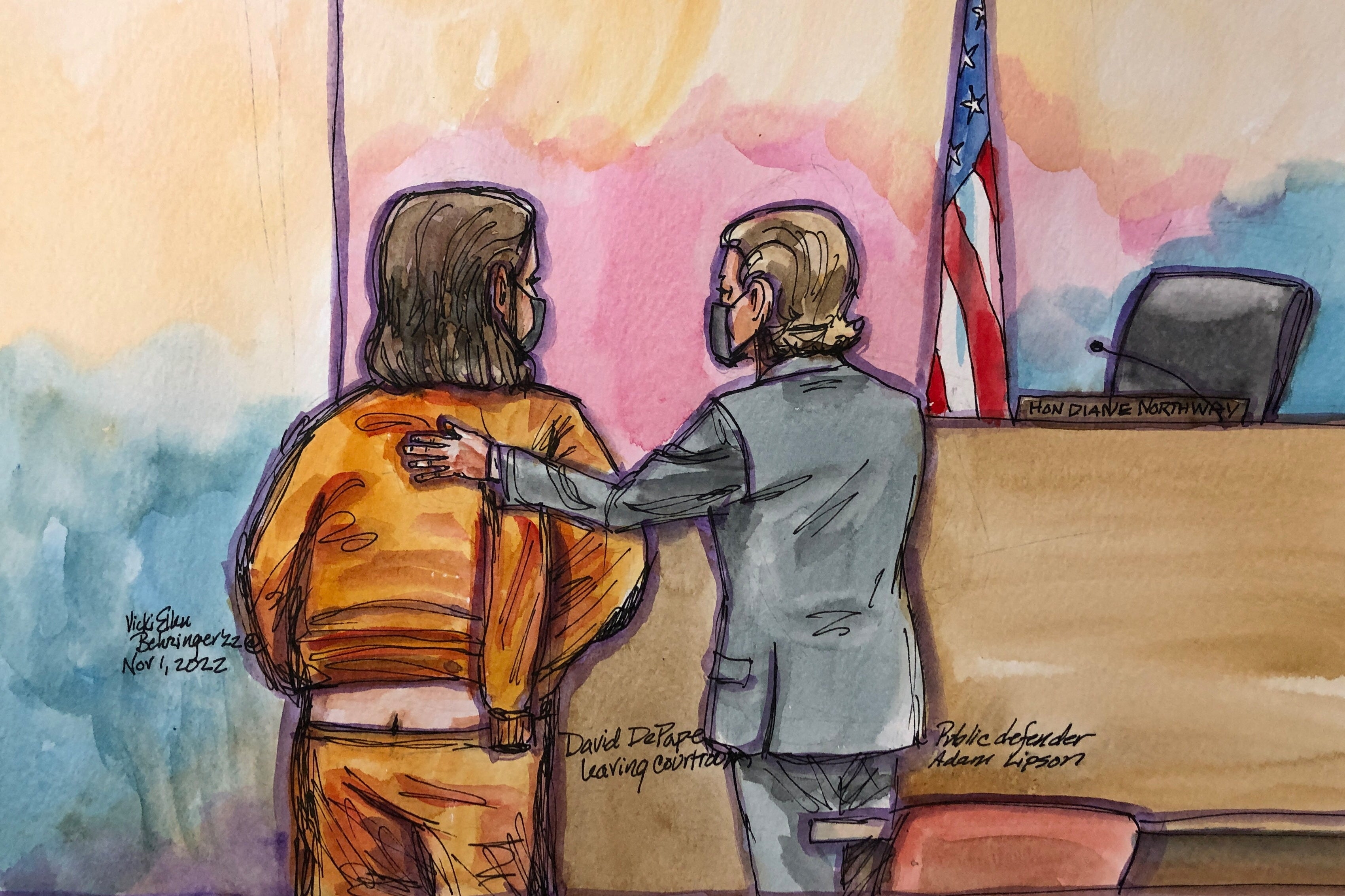 A courtroom sketch depicts David DePape’s first appearance on 31 October.