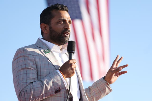 <p>Kash Patel speaks during a campaign rally at Minden-Tahoe Airport on 8 October 2022 in Minden, Nevada</p>
