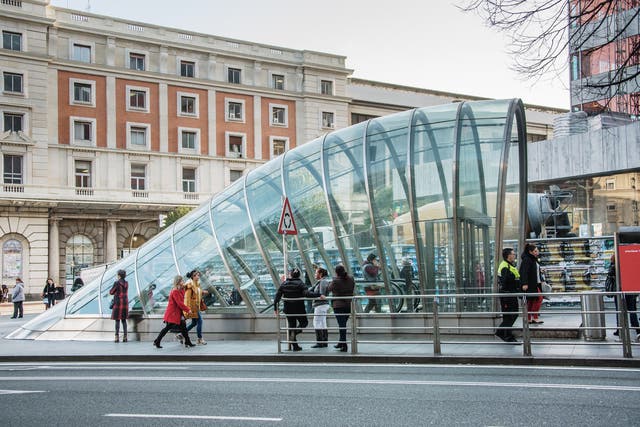 <p>A Norman Foster-designed entrance to a Metro station in Bibao </p>