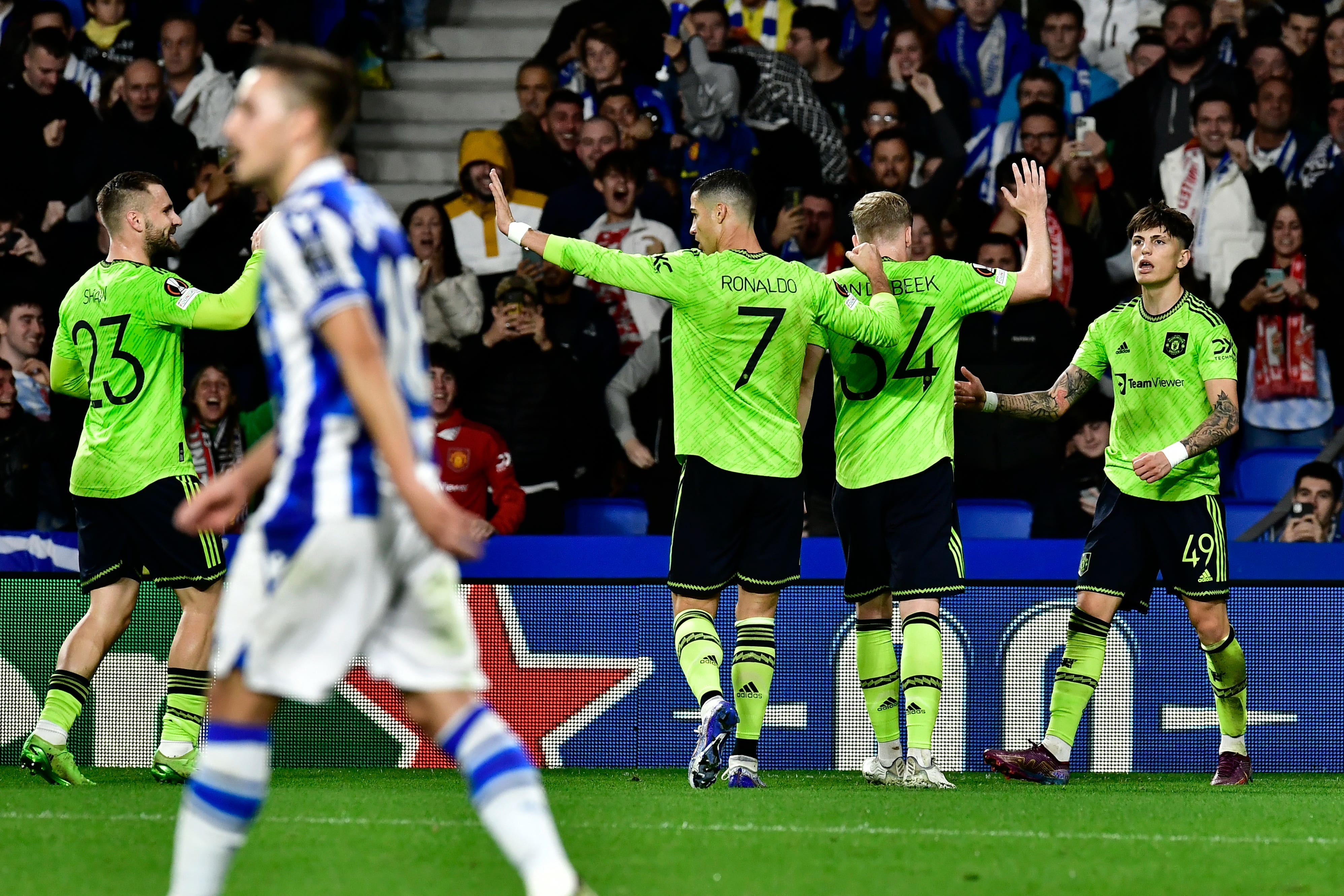 Manchester United’s Alejandro Garnacho, right, celebrates his goal in Spain