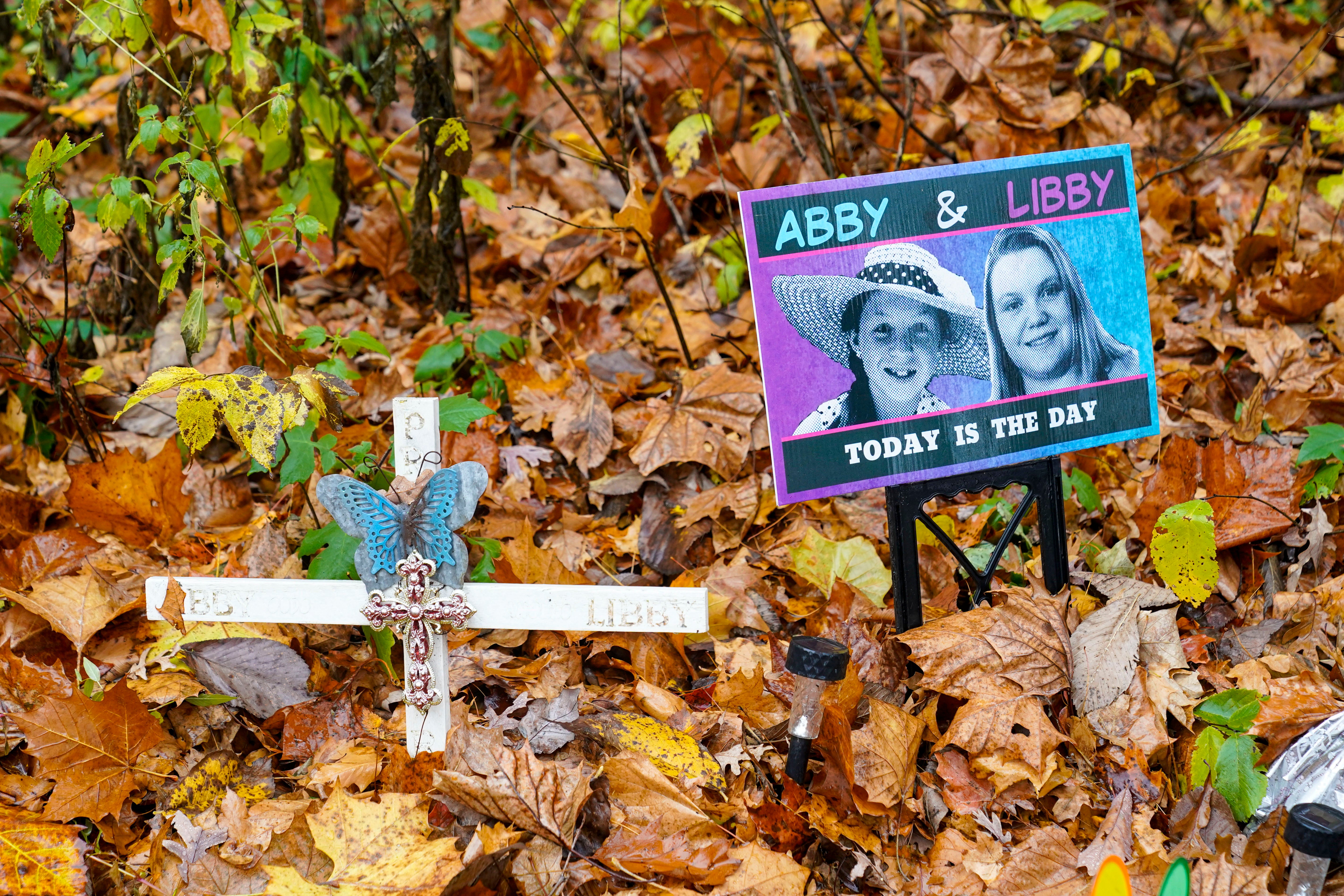 A makeshift memorial for Libby and Abby close to where their bodies were found
