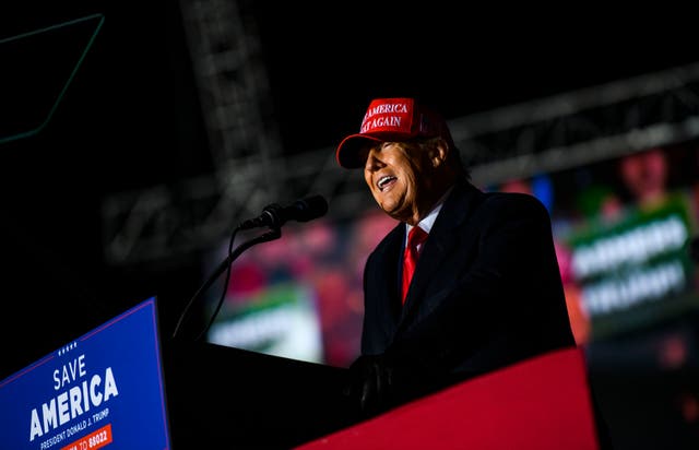 <p>Former president Donald Trump holds a rally at Sioux Gateway Airport on 3 November 2022 in Sioux City, Iowa</p>