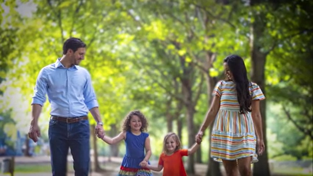 <p>Pat Harrigan pictured with his family in his campaign video </p>