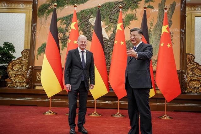 <p>Chinese president Xi Jinping, right, and German chancellor Olaf Scholz meet at the Great Hall of the People in Beijing</p>