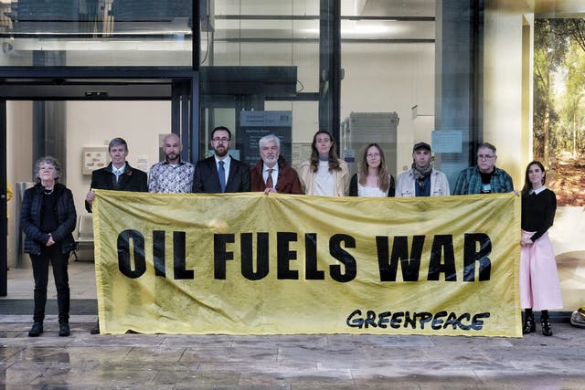 Greenpeace activists (left to right) Lyndall Stein, Mike Grant, Ben Hearne-Salter, Henry Rayner, David James, Rhiannon Wood, Kim Harrison, Benji Bailes, Ian Mills and Zoe Pontida (Greenpeace/ PA)