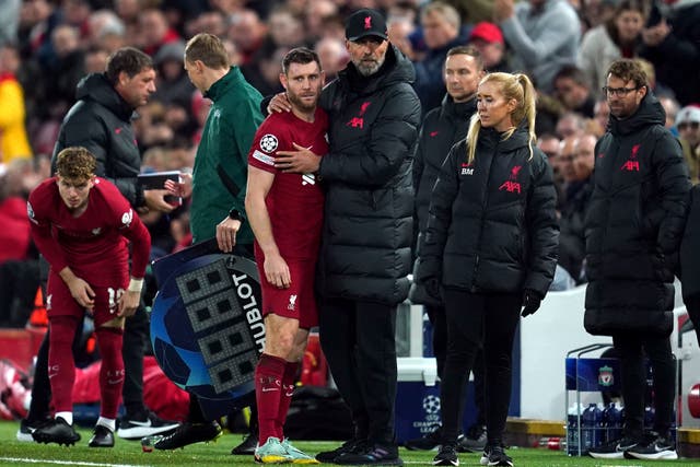 James Milner (left) was substituted by Jurgen Klopp due to the effects of concussion in Liverpool’s win over Napoli (Nick Potts/PA)