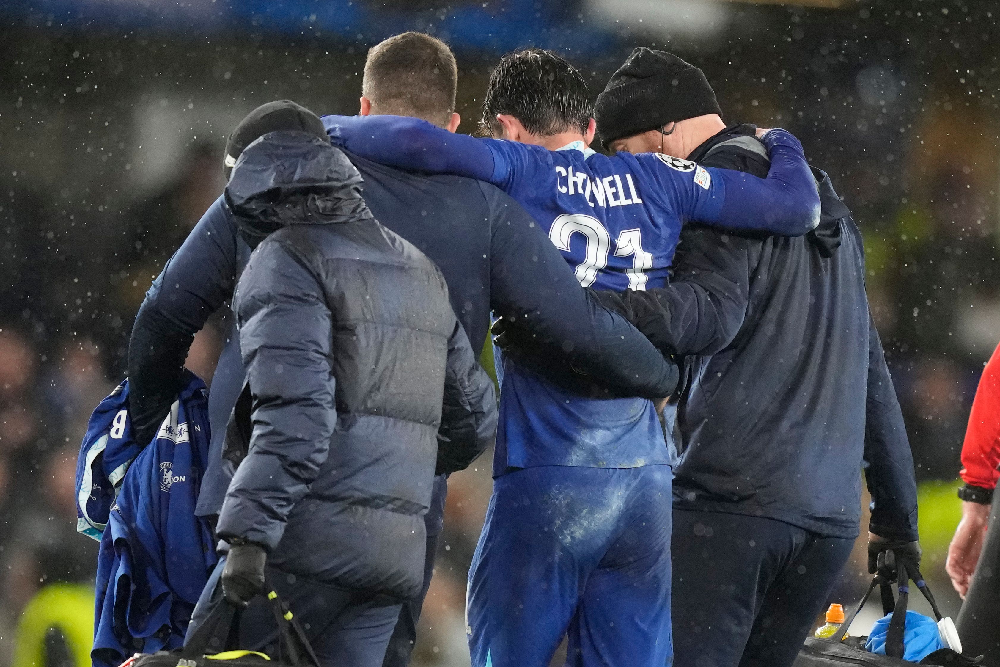 Chelsea’s Ben Chilwell is helped from the pitch after sustaining an injury in Zagreb (Frank Augstein/AP)