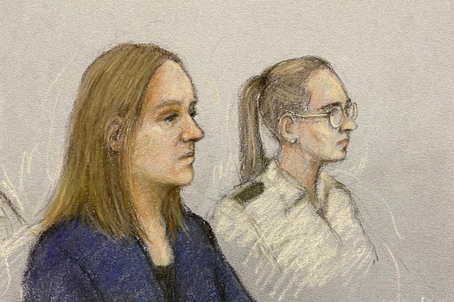 Court artist sketch by Elizabeth Cook of Lucy Letby appearing in the dock at Manchester Crown Court where she is charged with the murder of seven babies and the attempted murder of another ten, between June 2015 and June 2016 (PA)