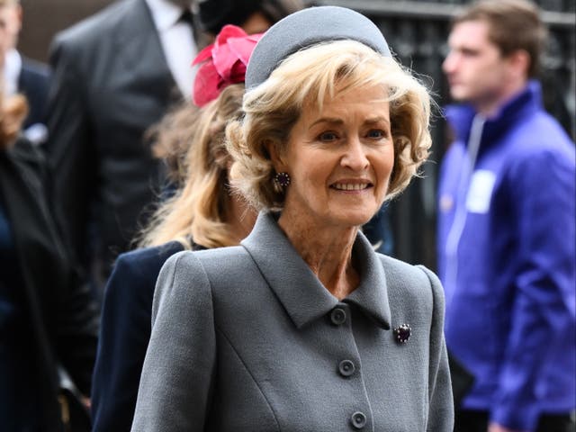 <p>Countess Mountbatten of Burma, Penelope Knatchbull, arrives to attend a Service of Thanksgiving for Britain's Prince Philip, Duke of Edinburgh, at Westminster Abbey in central London on March 29, 2022</p>