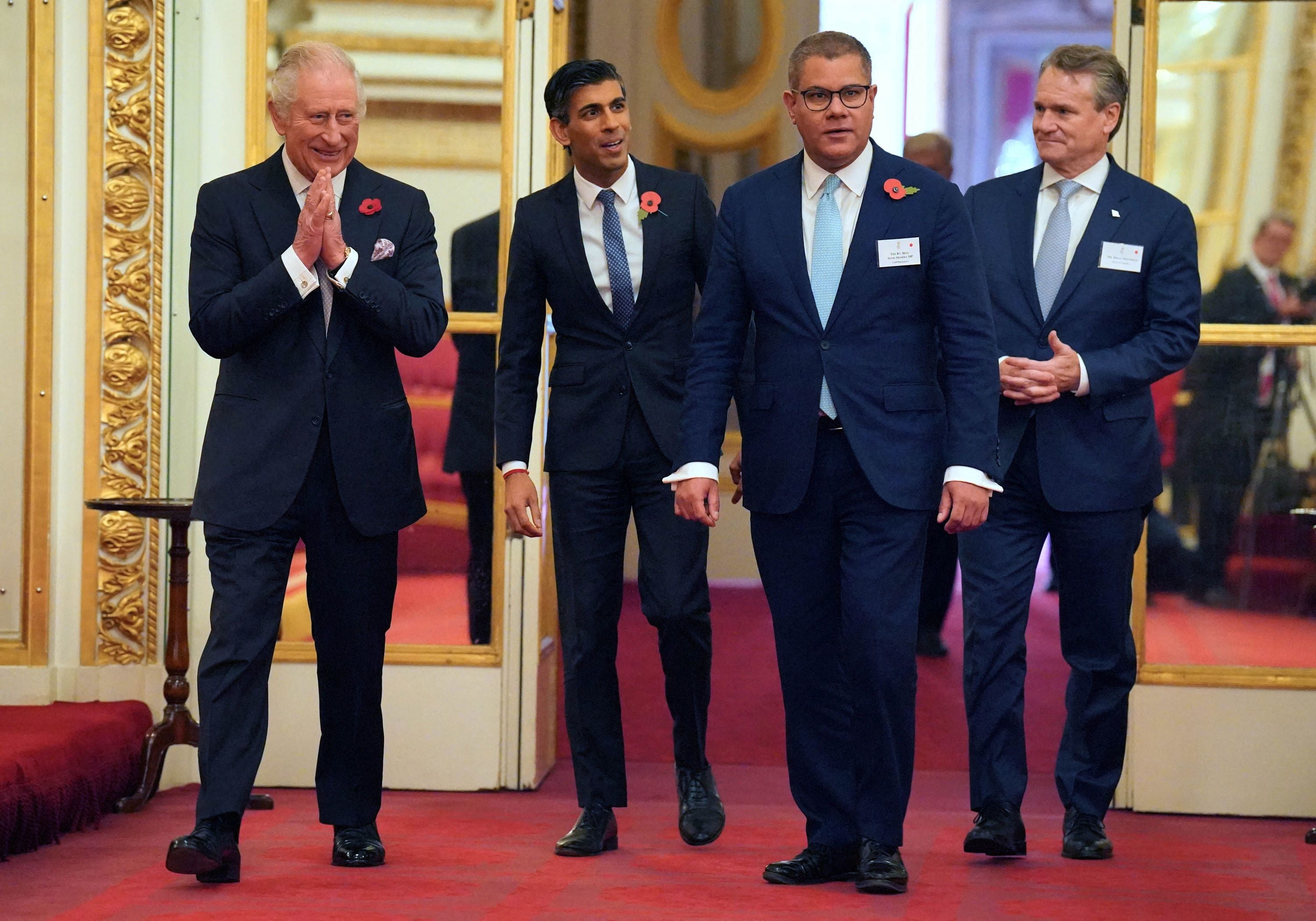 King Charles III, Rishi Sunak, Alok Sharma and Brian Moynihan, chair and CEO of Bank of America and co-chair of Sustainable Markets Initiative, attend a reception for world leaders ahead of Cop27