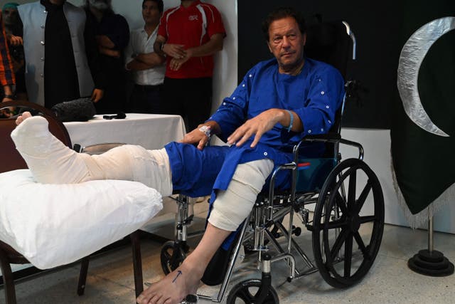 <p>Imran Khan at a hospital in Lahore on Friday after an assassination attempt in which he was shot in the shin</p>