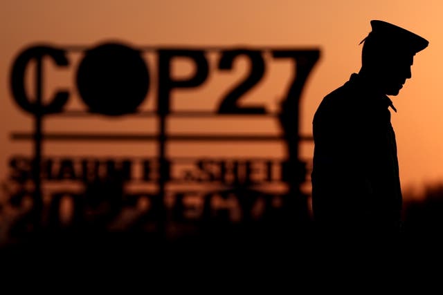 <p>An Egyptian police officer in front of the International Congress Center in Sharm el-Sheikh, in Egypt, on Friday</p>