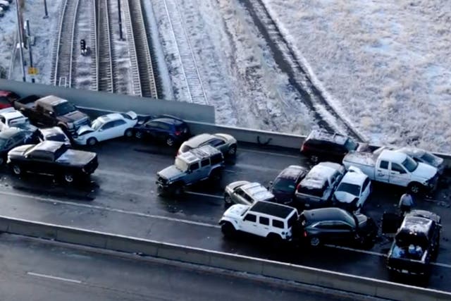 <p>Drone footage captured the aftermath of a 100-car pile-up in Denver</p>
