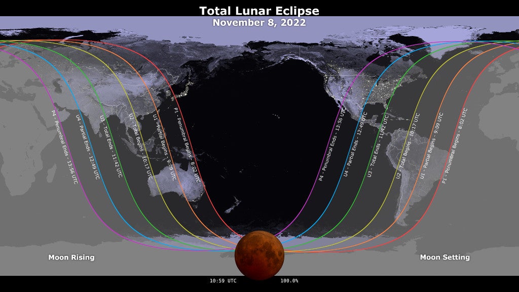A map showing the path and timing of the 8 November 2022 total lunar eclipse