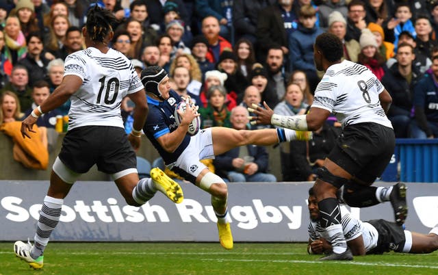 <p>Fiji's scrum-half Frank Lomani (2R) tackles Scotland's wing Darcy Graham during the Autumn Nations Series</p>