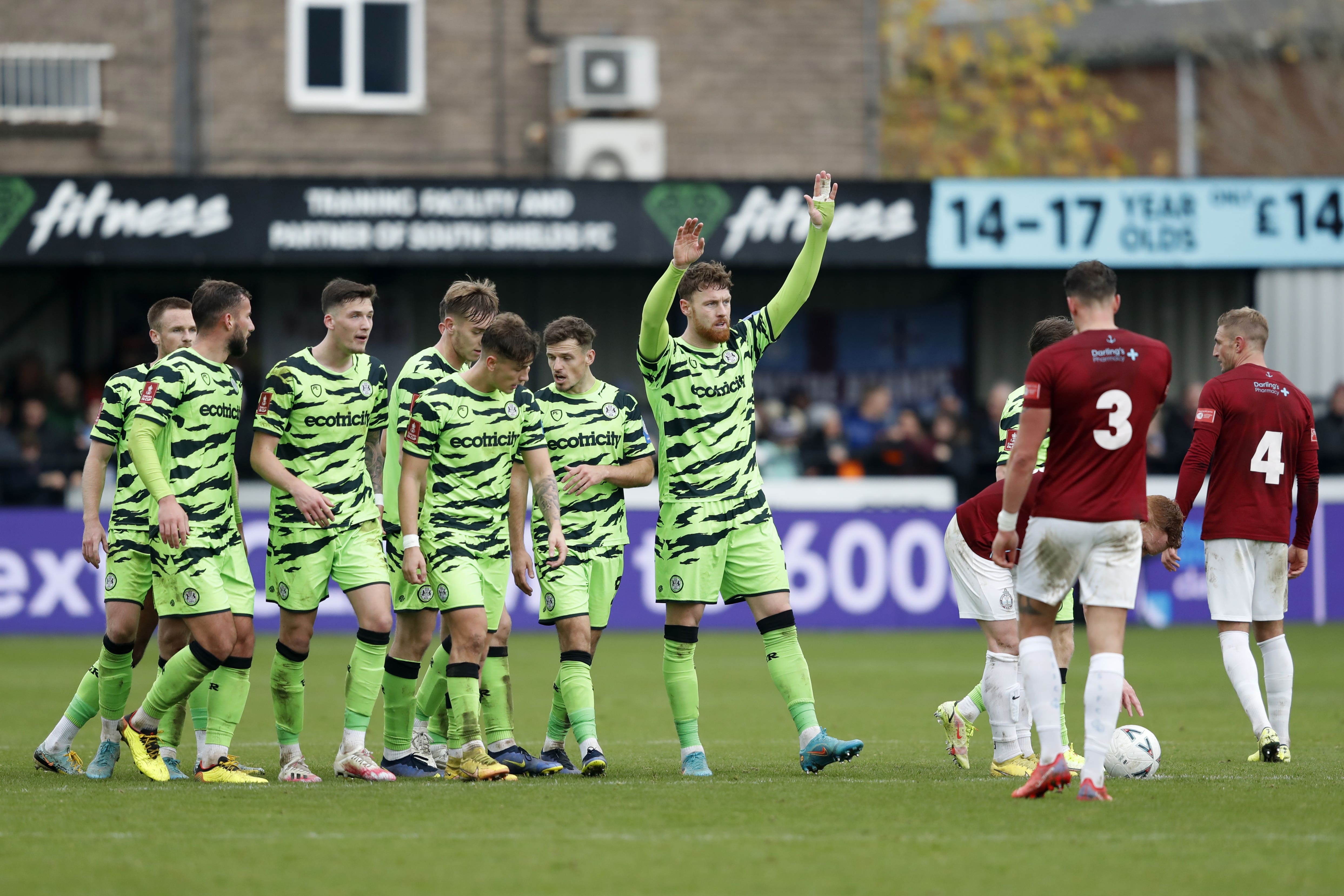 Forest Green’s Connor Wickham celebrates after scoring the second goal at South Shields (Will Matthews/PA).