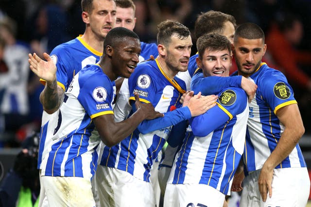 Brighton and Hove Albion’s Pascal Gross (centre) celebrates scoring their side’s third goal of the game with team-mates during the Premier League match at Molineux, Wolverhampton. Picture date: Saturday November 5, 2022.