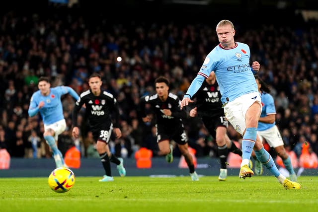 <p>Erling Haaland scores from the spot to send his side back to the top of the Premier League </p>