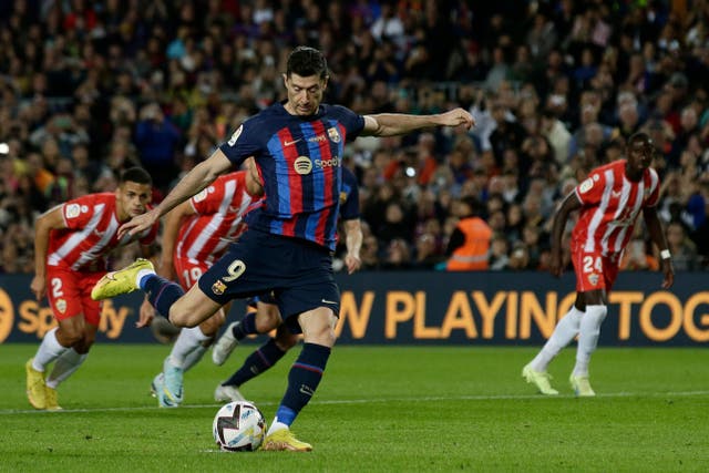 Barcelona’s Robert Lewandowski missed a penalty against Almeria (Joan Monfort/AP/PA)