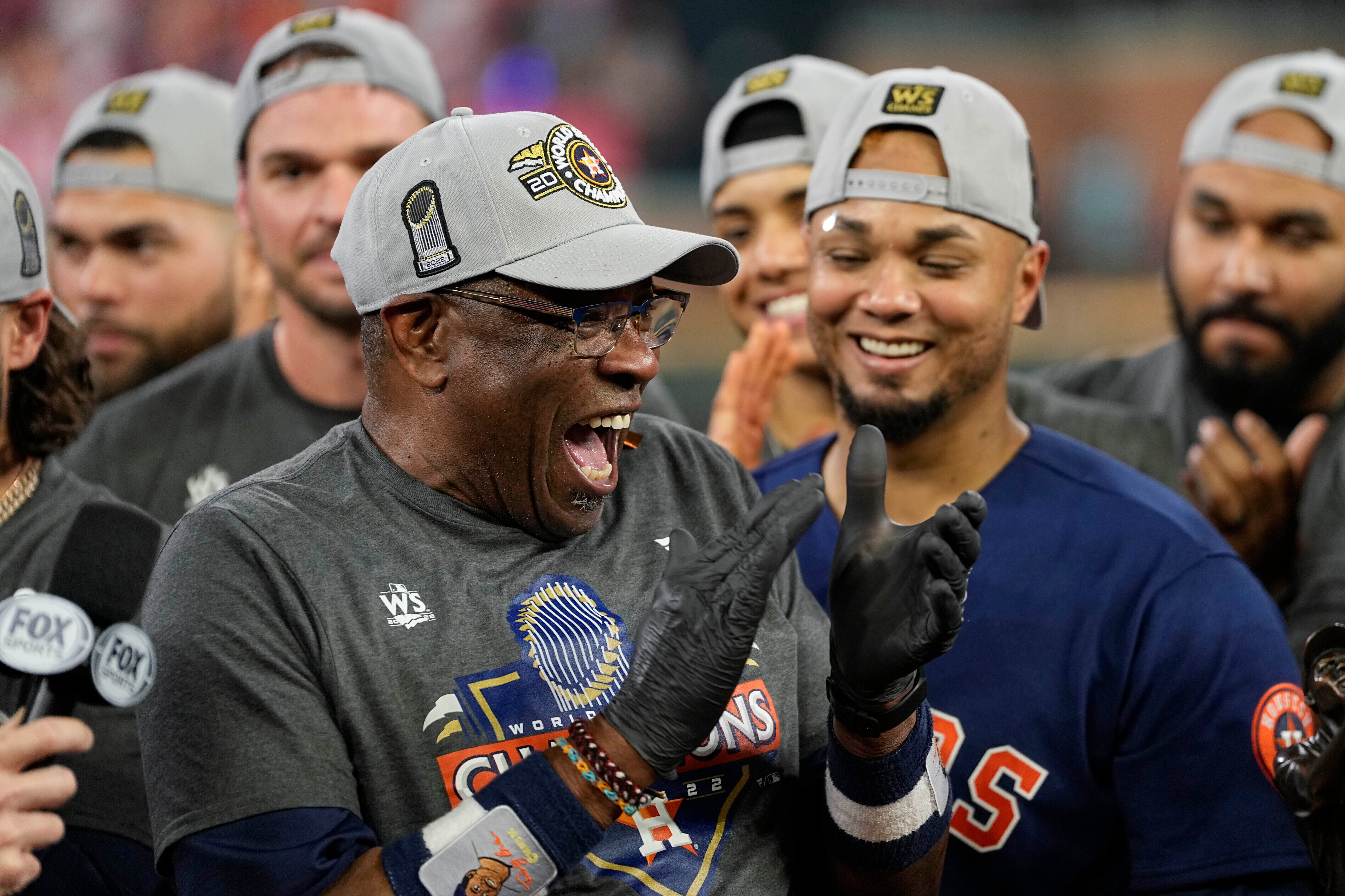 Houston Astros manager Dusty Baker celebrates after clinching the World Series on Saturday night