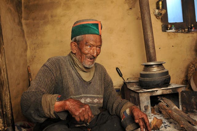 <p>File. In this photograph taken on April 24, 2014, Indian resident Shyam Saran Negi gestures as he speaks at his home at Kalpa in Kinnaur District in the northern State of Himachal Pradesh</p>