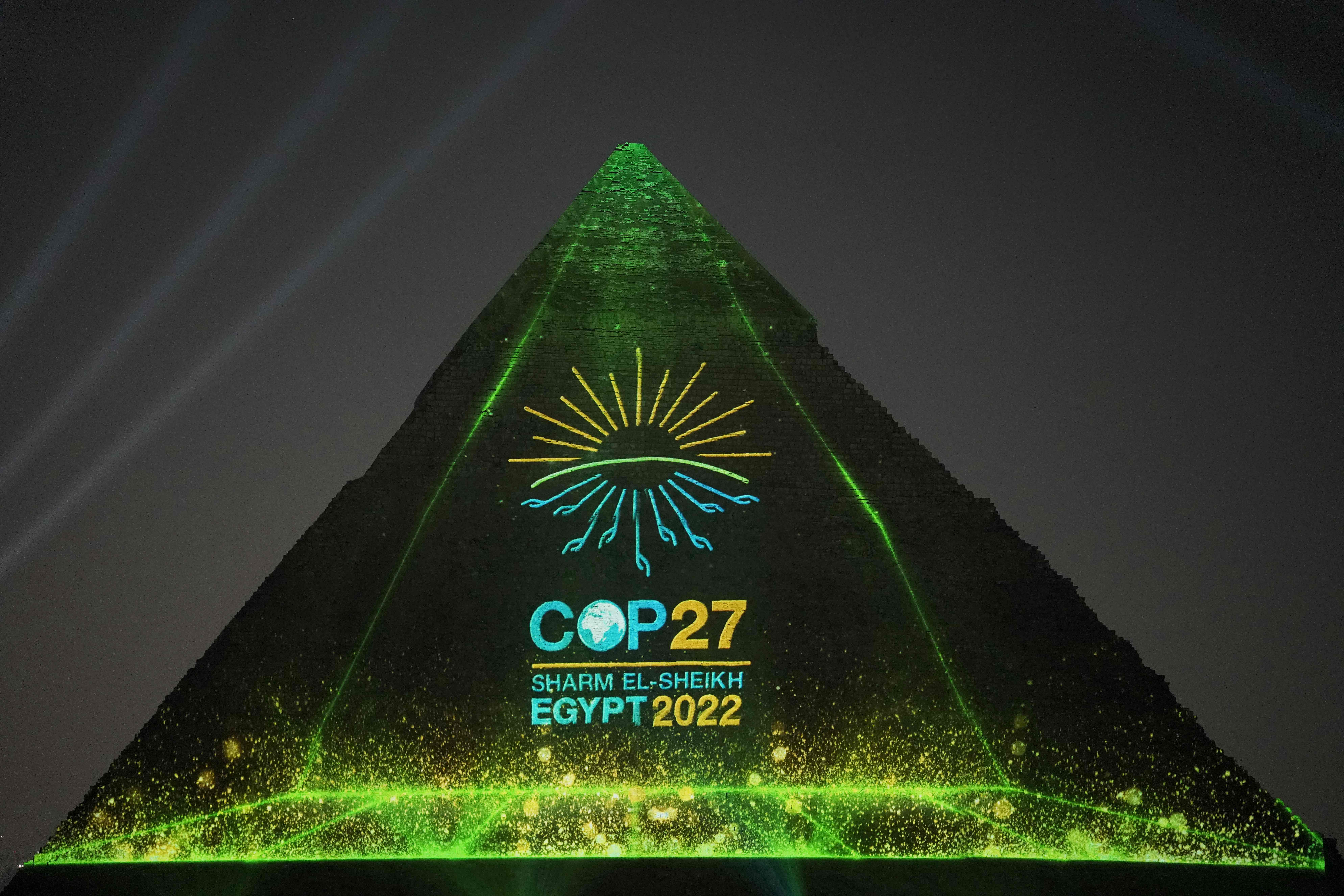 The illumination of Khafre Pyramid, one of the three ancient pyramids of Giza