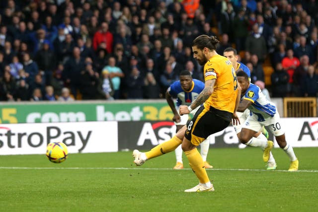 Ruben Neves’ penalty was not enough to help Wolves win. (Barrington Coombs/PA)