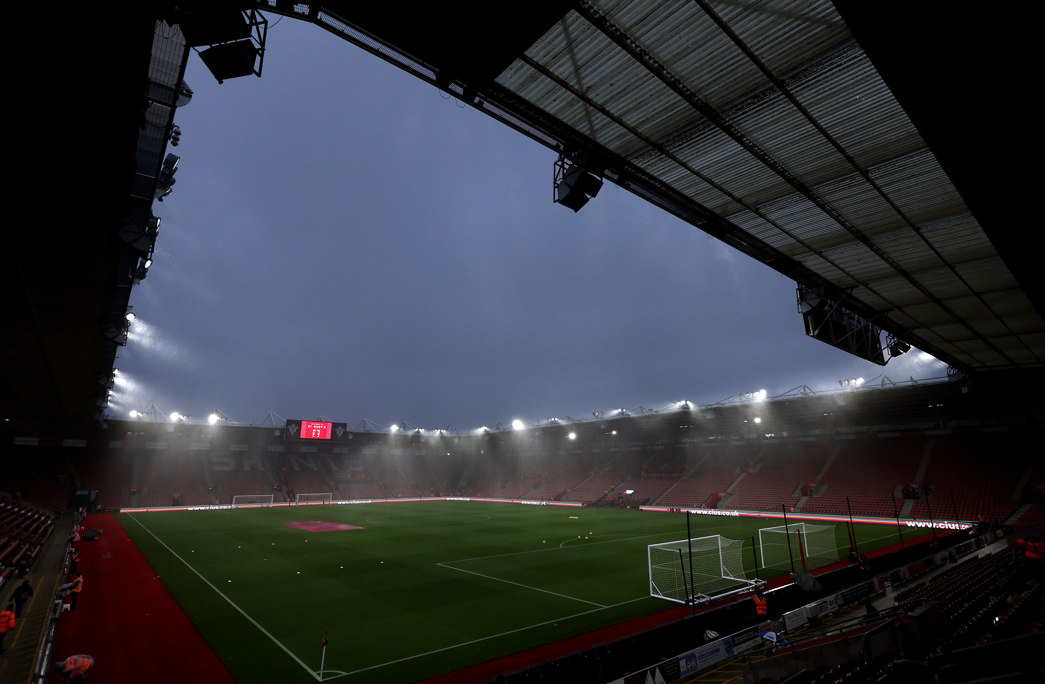 The rain pours into St. Mary's Stadium, Southampton, before the Premier League match