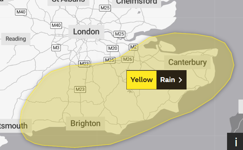 The Met Office issued a yellow weather warning across south-east England
