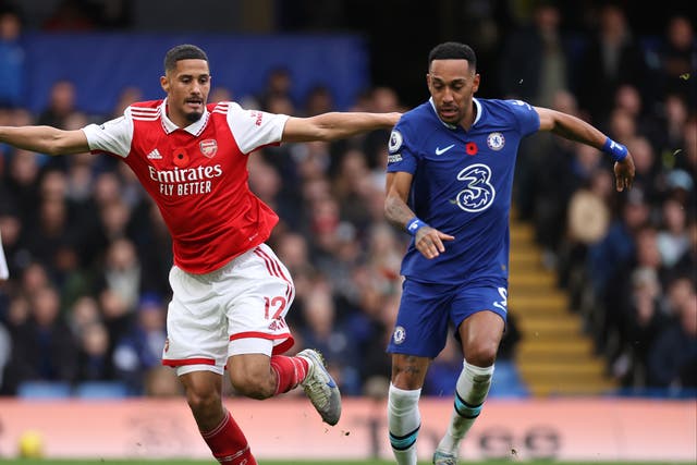 <p>William Saliba and his fellow Arsenal defenders did not have to exert themselves to keep Pierre-Emerick Aubameyang quiet at Stamford Bridge </p>