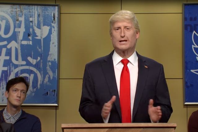 <p>James Austin Johnson playing Donald Trump on SNL in a sketch in which he asks to be let back on Twitter</p>