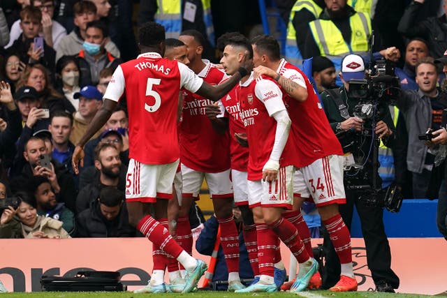 Arsenal’s Gabriel celebrates scoring the winning goal at Chelsea (John Walton/PA)