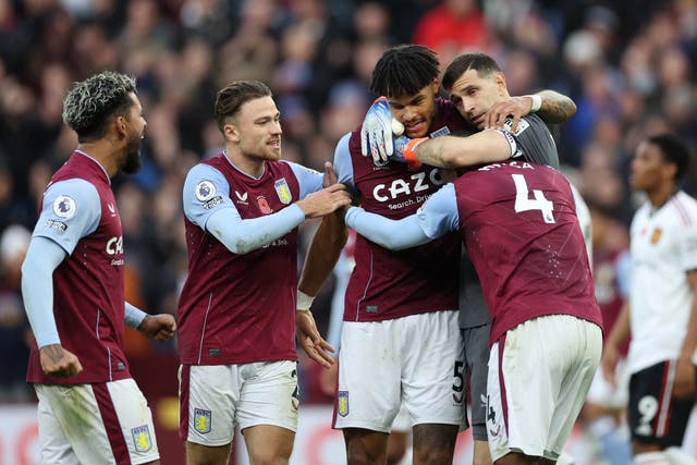 <p>Aston Villa’s Douglas Luiz, Matty Cash, Ezri Konsa, Tyrone Mings and Emiliano Martinez celebrate after their 3-1 victory </p>