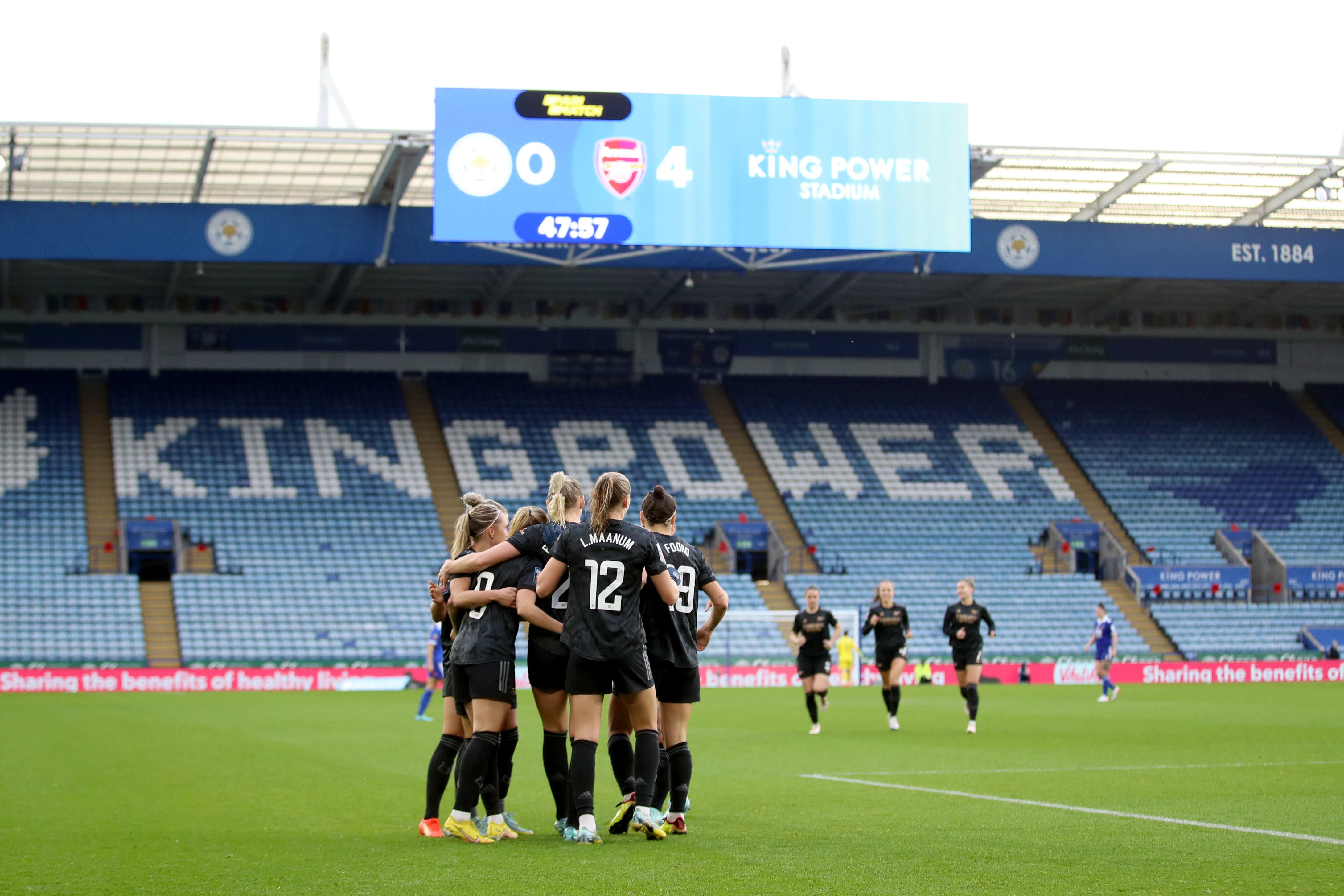 Laura Wienroither celebrates with team-mates after scoring Arsenal’s fourth goal at Leicester (Isaac Parkin/PA)