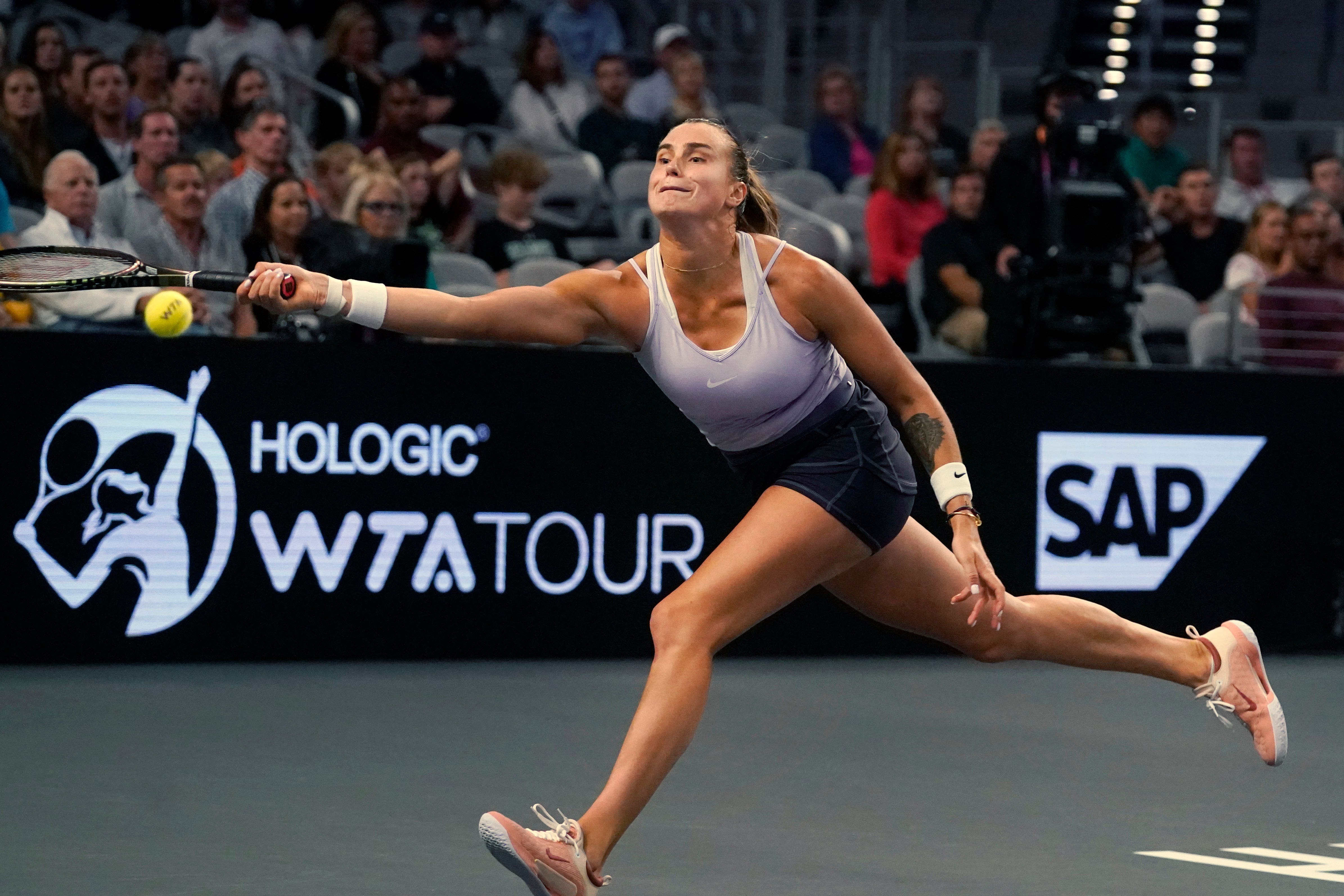 Aryna Sabalenka battled down world number one Iga Swiatek at the WTA Finals in Texas to secure her place in the championship final (AP/LM Otero)