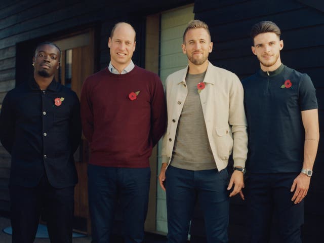 <p>Kelvyn Quagraine, Prince William, Harry Kane and Declan Rice</p>