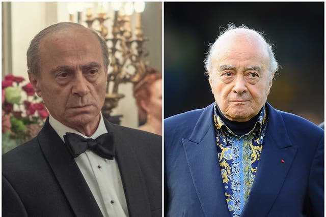 <p>Salim Daw as Mohamed Al-Fayed in The Crown (left) and Mohamed Al-Fayed (right)</p>