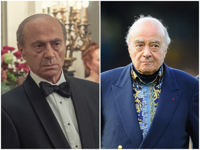 <p>Salim Daw as Mohamed Al-Fayed in The Crown (left) and Mohamed Al-Fayed (right)</p>