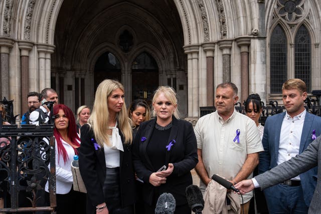 <p>Archie Battersbee’s mother and father, Hollie Dance (C-L) and Paul Battersbee (C-R), speak outside the Royal Courts of Justice</p>