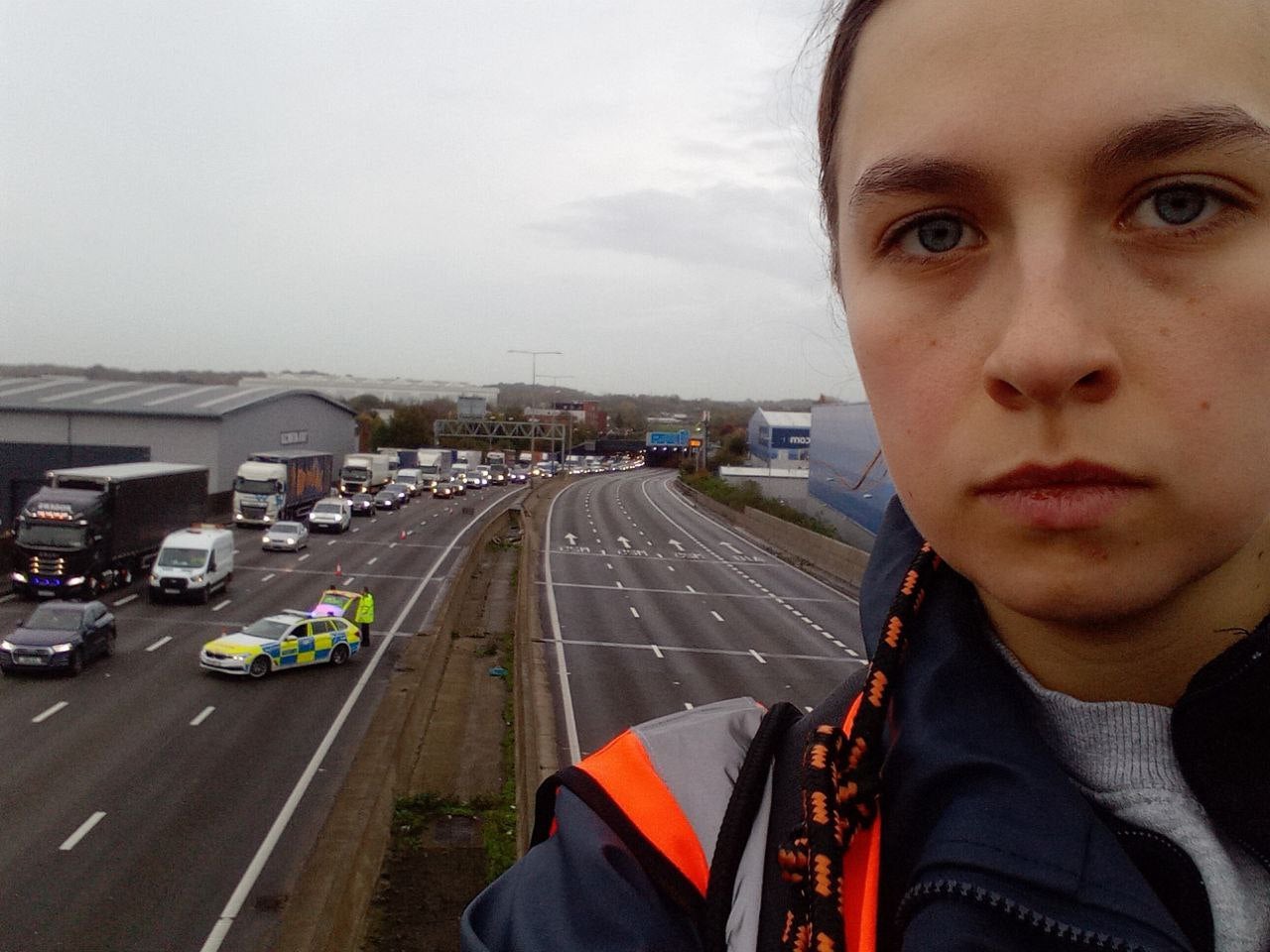 <p>A protester climbed a gantry on the M25 between junctions six and seven in Surrey, leading to the closure of the motorway on  Monday </p>
