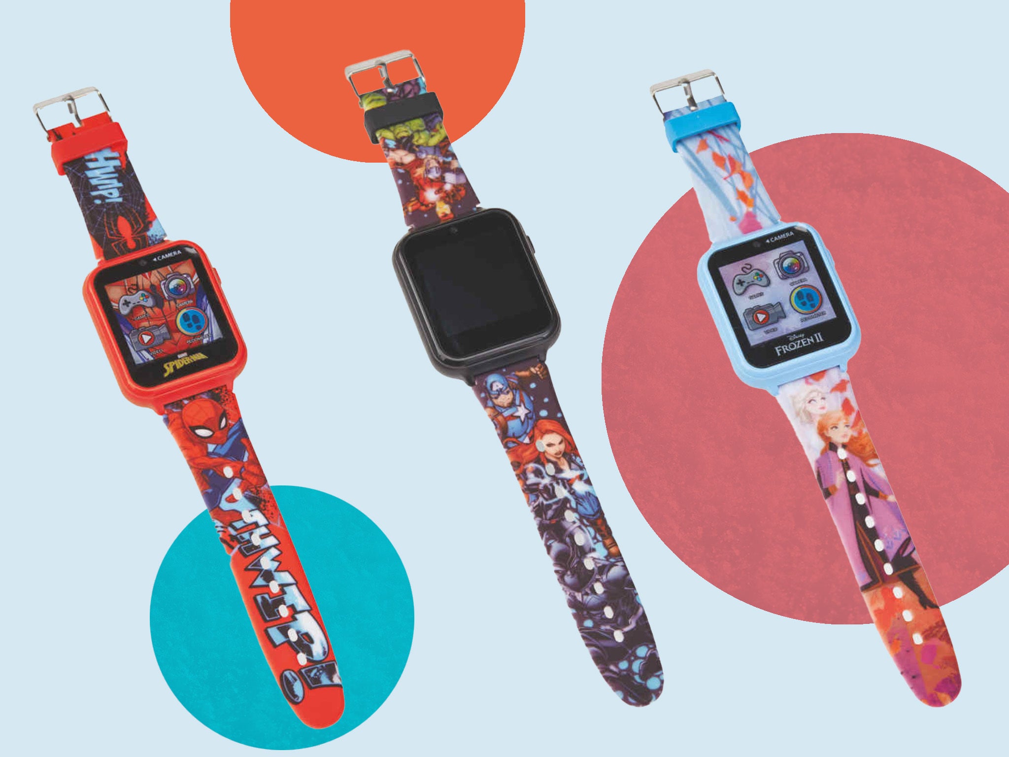 The watches have a built-in camera, recorder, pedometer, alarm clock and games for kids to enjoy