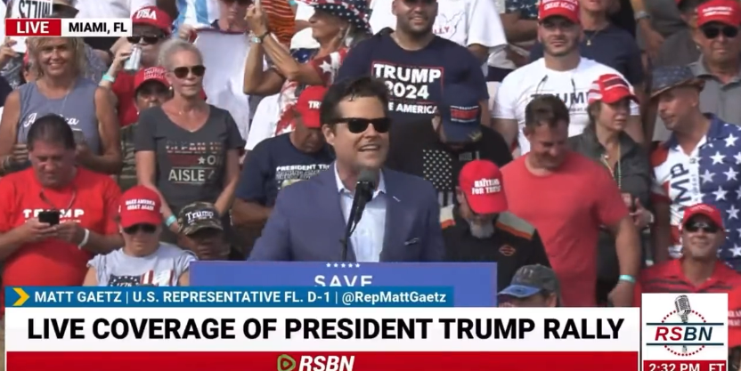 <p>Matt Gaetz, the firebrand Republican congressman from Florida, affectionately labelled former president Donald Trump ‘big daddy’ while at a rally on Sunday</p>