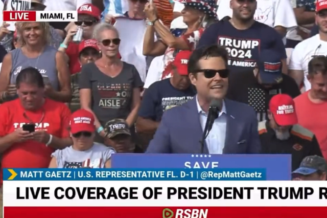 <p>Matt Gaetz, the firebrand Republican congressman from Florida, affectionately labelled former president Donald Trump ‘big daddy’ while at a rally on Sunday</p>