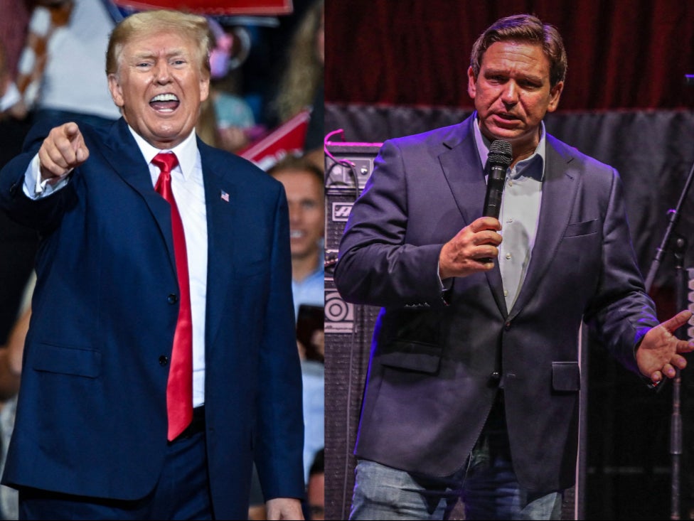 Left: Donald Trump speaks during a campaign rally in support of Doug Mastriano for Governor of Pennsylvania and Mehmet Oz for US Senate at Mohegan Sun Arena in Wilkes-Barre, Pennsylvania on 3 September 2022 – Right: Florida Governor Ron DeSantis speaks during a tour campaign event at the Alico Arena ahead of the midterm elections on 6 November 2022 in Fort Myers, Florida