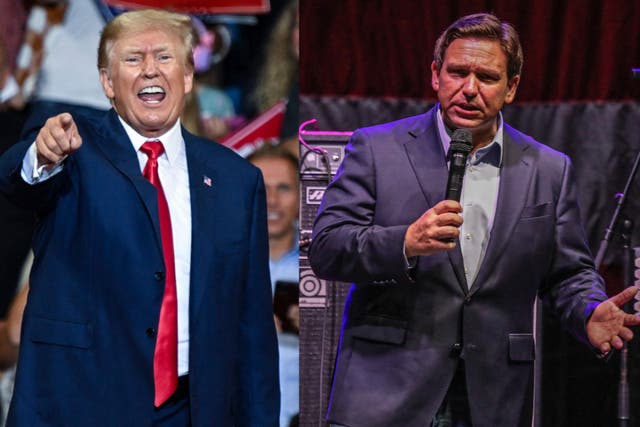 <p>Left: Donald Trump speaks during a campaign rally in support of Doug Mastriano for Governor of Pennsylvania and Mehmet Oz for US Senate at Mohegan Sun Arena in Wilkes-Barre, Pennsylvania on 3 September 2022 – Right: Florida Governor Ron DeSantis speaks during a tour campaign event at the Alico Arena ahead of the midterm elections on 6 November 2022 in Fort Myers, Florida</p>